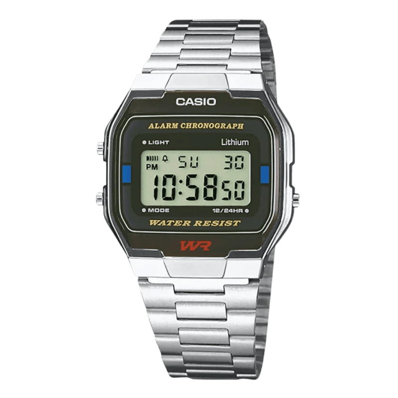 Casio A163WA-1QES Vintage Digitaluhr mit silbernem Edelstahlarmband