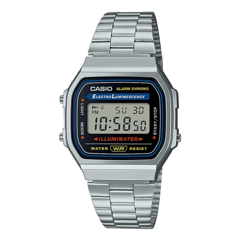Casio A168WA-1YES Vintage Digitaluhr mit silbernem Edelstahlarmband