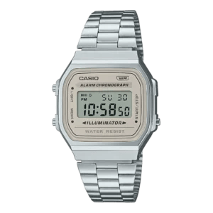 Casio A168WA-8AYES Vintage Digitaluhr mit silbernem Edelstahlarmband und grauem Zifferblatt