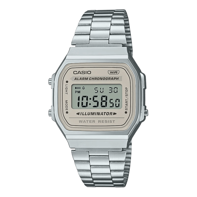 A168WA-8AYES Casio A168WA-8AYES Vintage Digitaluhr mit silbernem Edelstahlarmband und grauem Zifferblatt