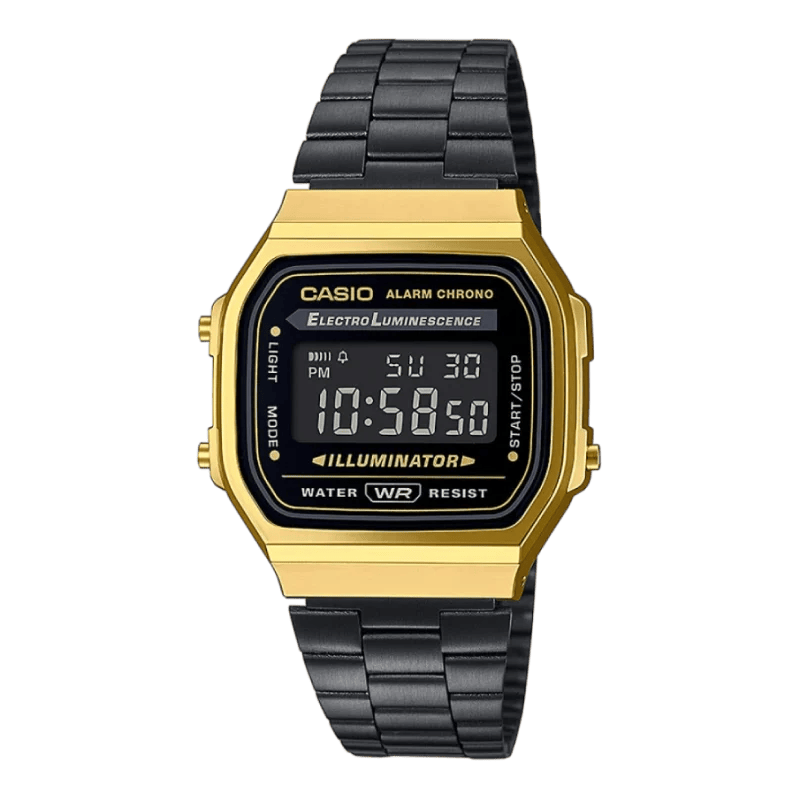 Casio A168WEGB-1BEF Vintage Digitaluhr mit schwarz-goldenem Edelstahlarmband