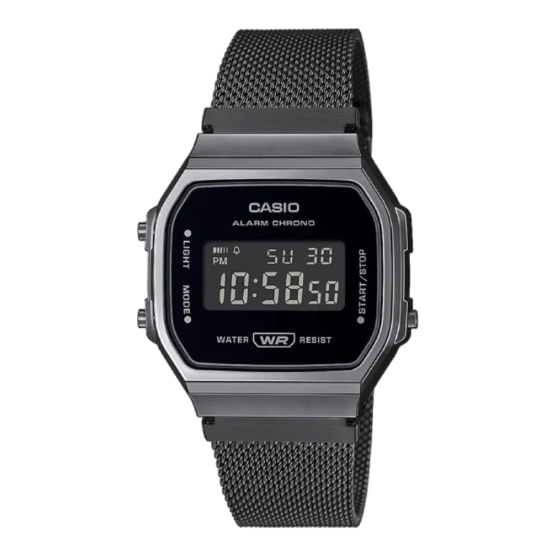 Casio A168WEMB-1BEF Vintage Digitaluhr mit schwarzem Edelstahl-Mesh-Armband