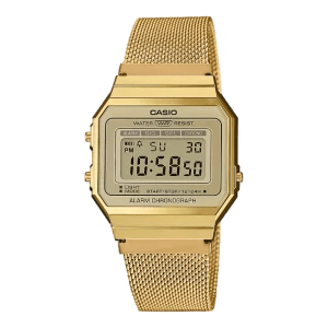 Casio A700WEMG-9AEF Schlanke Vintage Digitaluhr mit goldfarbenem Edelstahl-Mesh-Armband