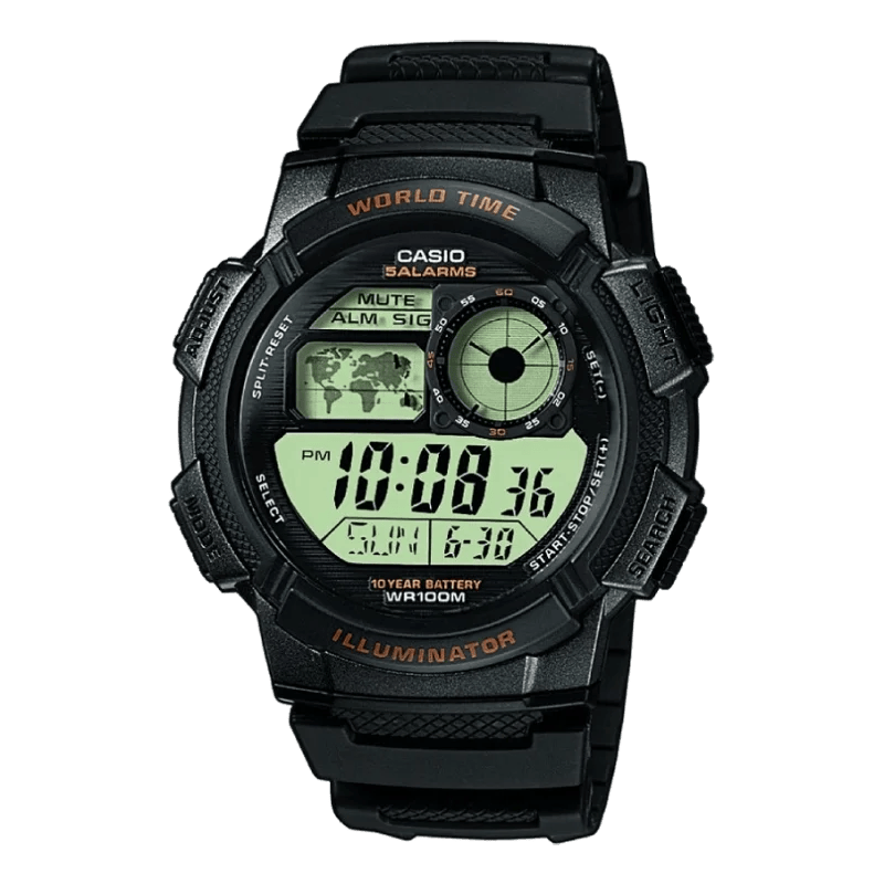 Casio AE-1000W-1AVEF Digitaluhr mit schwarzem Harzarmband und Weltzeitfunktion