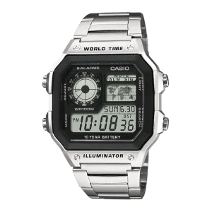 Casio AE-1200WHD-1AVEF Digitaluhr mit silbernem Edelstahlarmband und Weltzeitfunktion