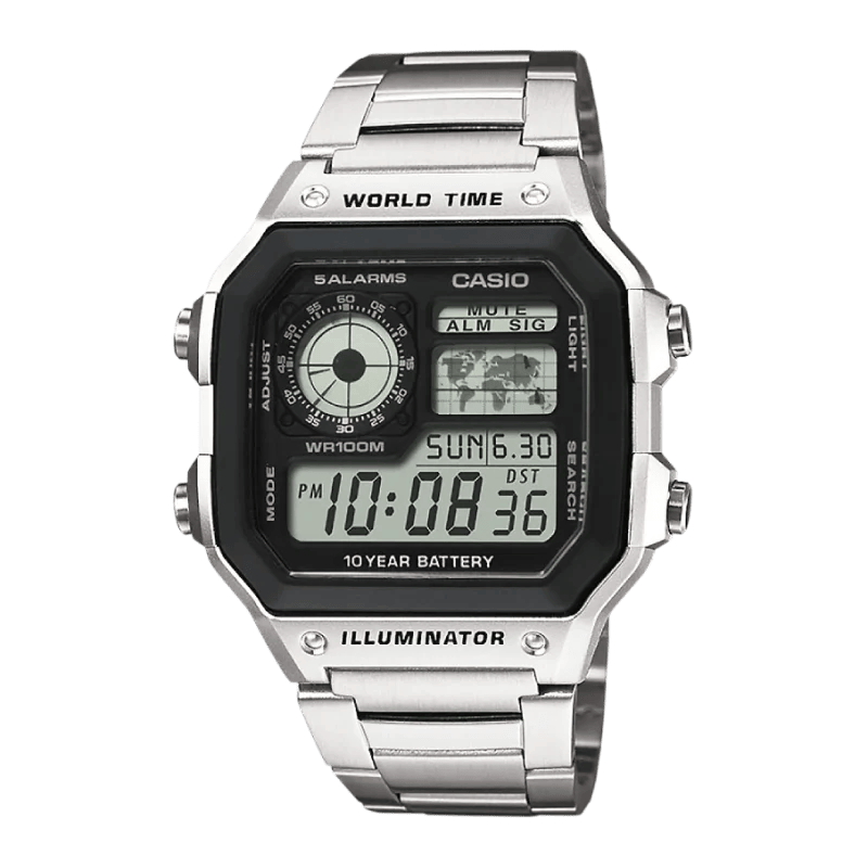 Casio AE-1200WHD-1AVEF Digitaluhr mit silbernem Edelstahlarmband und Weltzeitfunktion