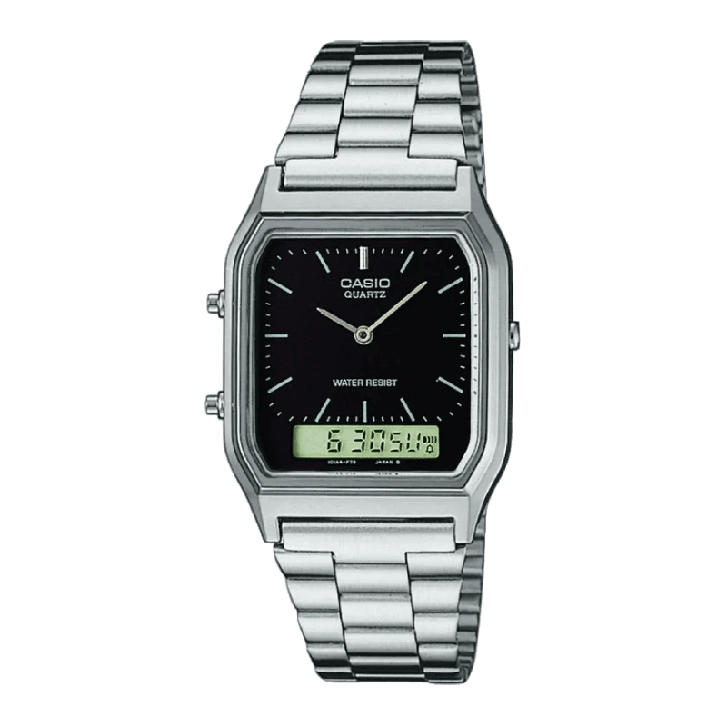 Casio AQ-230A-1DMQYES Retro-Kombinationsuhr mit schwarzem Zifferblatt und silbernem Edelstahlarmband