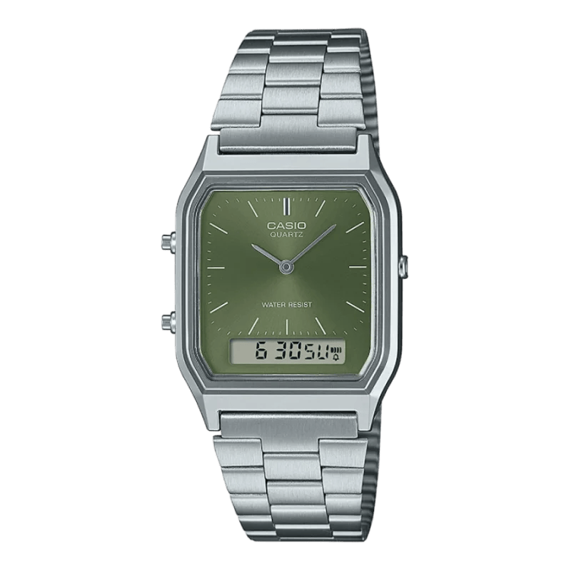 AQ-230A-3AMQYES Casio AQ-230A-3AMQYES Retro-Kombinationsuhr mit grünem Zifferblatt und silbernem Edelstahlarmband