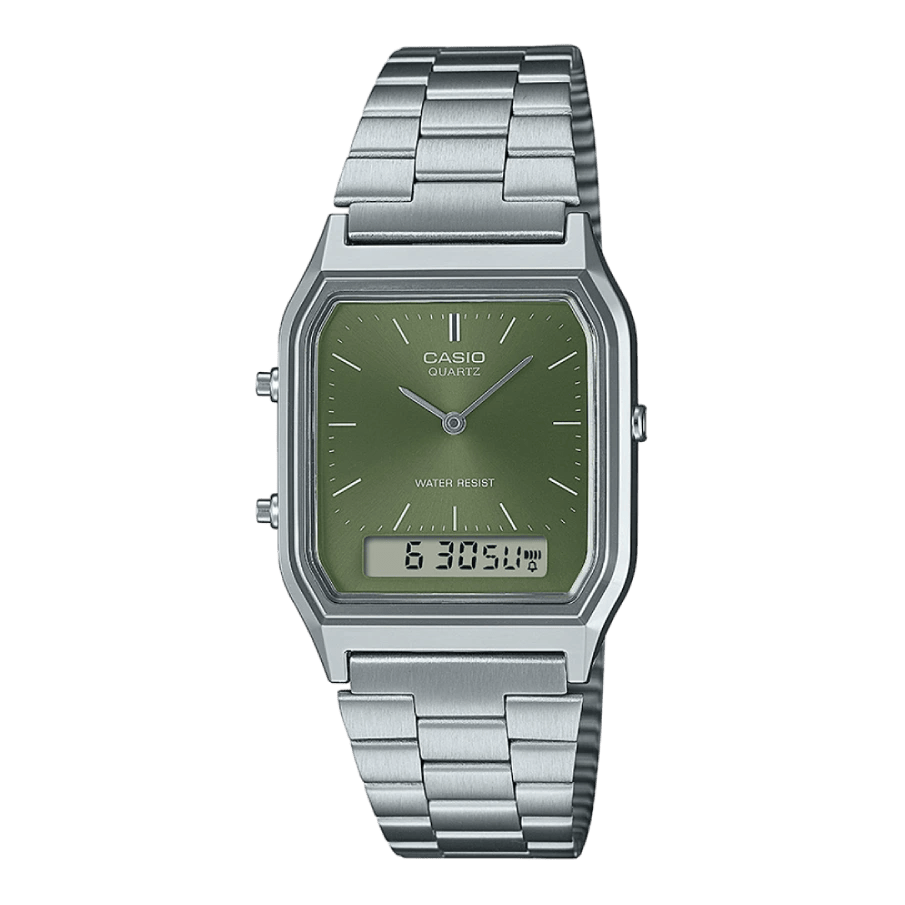 Casio AQ-230A-3AMQYES – Klassische Retro-Kombinationsuhr mit grünem Zifferblatt