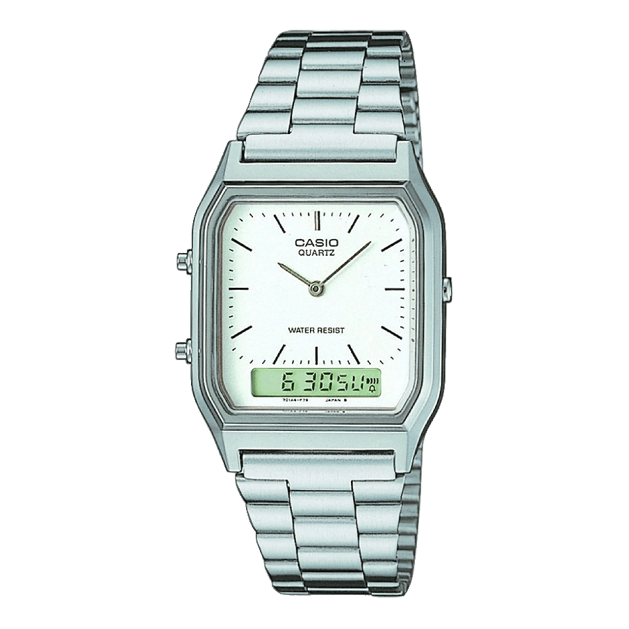 Casio AQ-230A-7DMQYES Retro-Kombinationsuhr mit weißem Zifferblatt und silbernem Edelstahlarmband