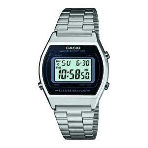 Casio B640WD-1AVEF Retro-Digitaluhr mit schwarzem Zifferblatt und silbernem Edelstahlarmband