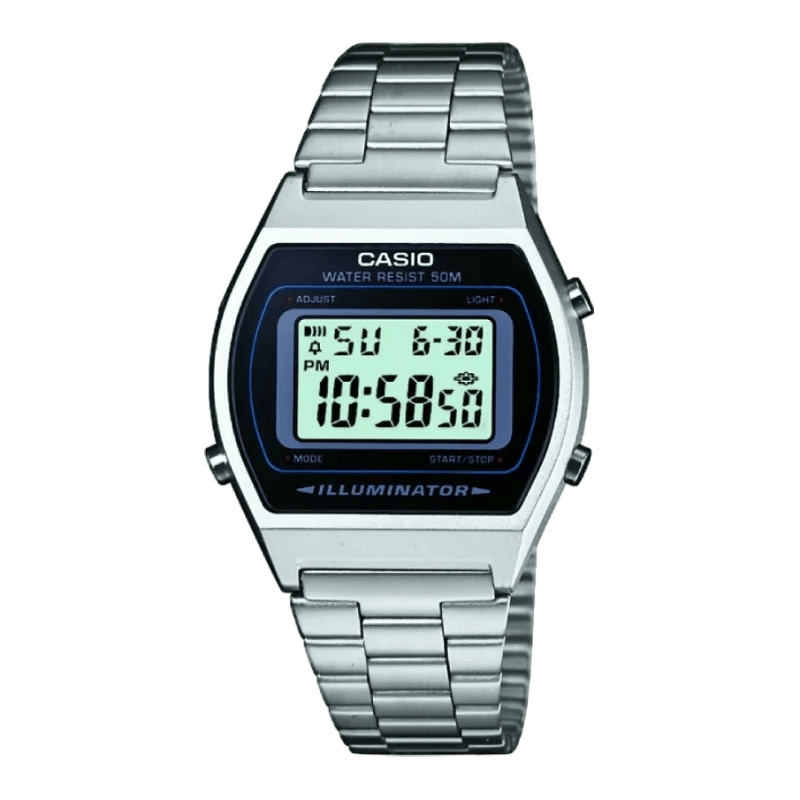 Casio B640WD-1AVEF Retro-Digitaluhr mit schwarzem Zifferblatt und silbernem Edelstahlarmband