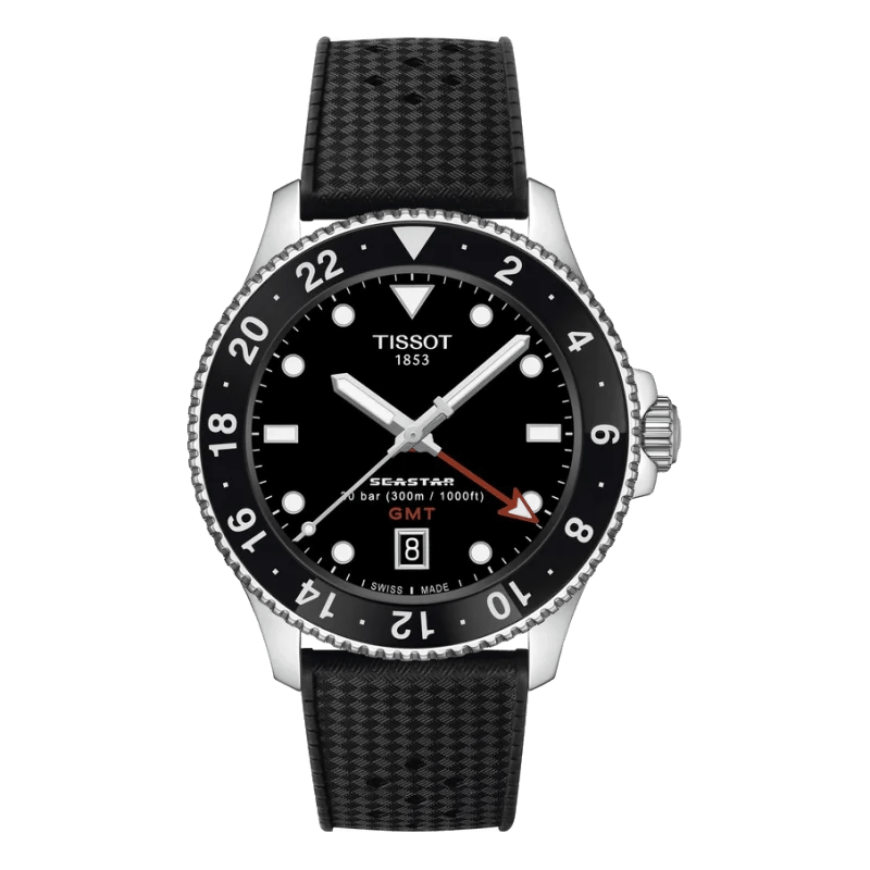 Tissot Seastar 1000 GMT Schwarz-Kautschuk – Taucheruhr mit 300 m Wasserdichtigkeit & GMT-Funktion