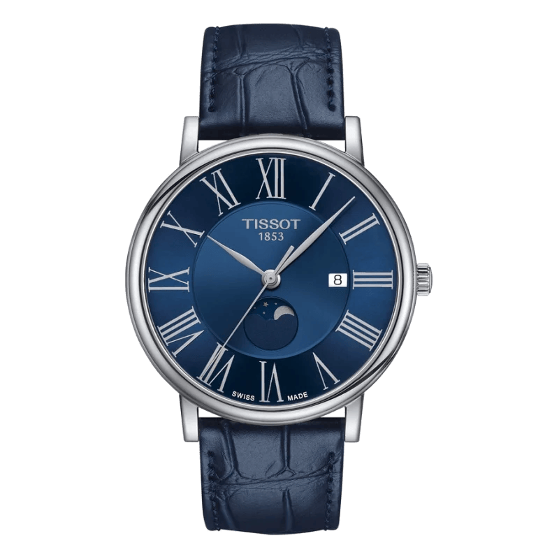 Tissot Carson Premium Moonphase Blau-Leder – Klassische Uhr mit Mondphasenanzeige & Saphirglas
