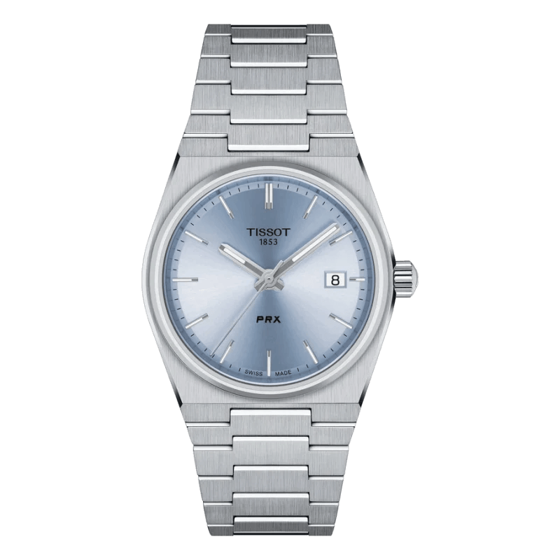 Tissot PRX 35mm Eisblau-Edelstahl – Elegante Retro-Damenuhr mit eisblauem Zifferblatt und Saphirglas