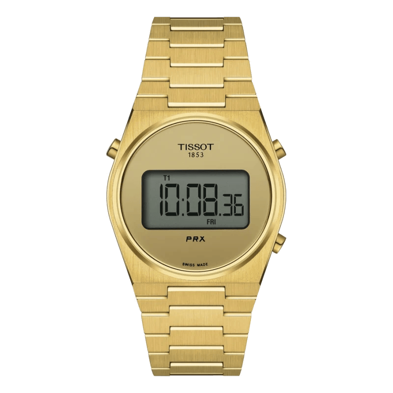 Tissot PRX Digital Gold Sale – Stylische Retro-Digitaluhr mit goldfarbenem Edelstahlgehäuse und digitaler Anzeige