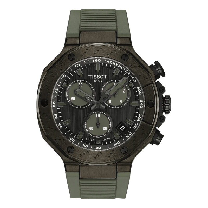 Tissot T-Race Chronograph Grün-Schwarz – Sportlicher Chronograph mit schwarzem Edelstahlgehäuse und grünem Silikonarmband