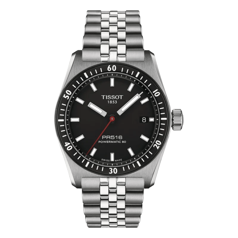 T149-407-11-051-00 Tissot PR 516 Powermatic 80 Schwarz-Edelstahl – Retro-Automatik-Uhr mit schwarzem Zifferblatt und Edelstahlarmband