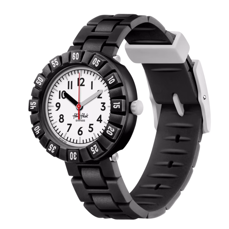 Flik Flak FCSP123 Kinderuhr – Swiss Made mit schwarzem Silikonarmband und weißem Zifferblatt