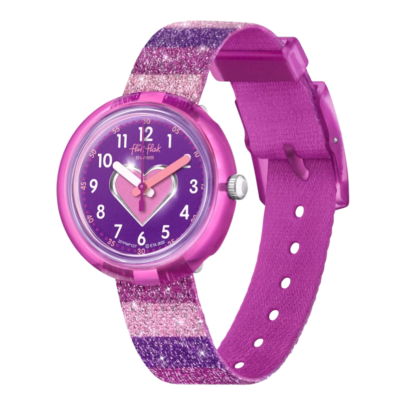 Flik Flak FPNP127 Kinderuhr – Swiss Made mit glitzerndem, mehrfarbig gestreiftem Armband und pinkfarbenem Herz-Zifferblatt