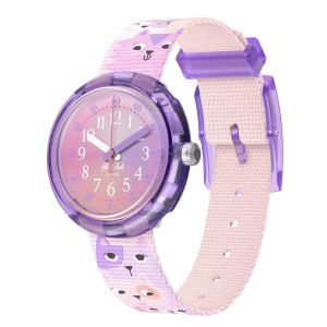 Flik Flak FPNP162 Kinderuhr – Swiss Made mit pinkem Armband und Katzen-Motiv