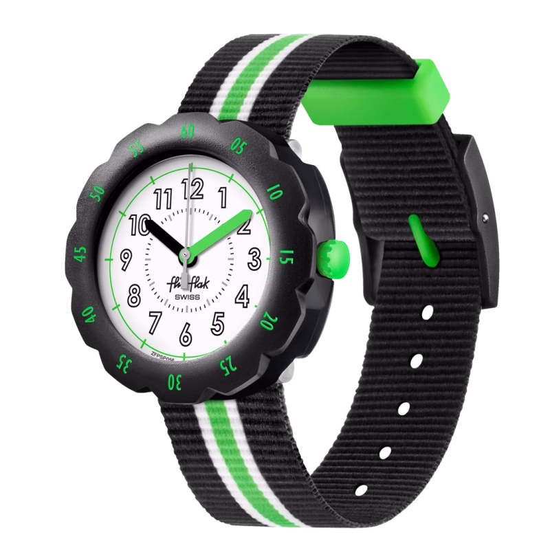 ZFPSP056 Flik Flak FPSP056 Kinderuhr – Swiss Made mit schwarz-grünem Streifenarmband und weißem Zifferblatt