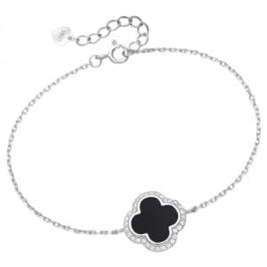 925 Silber Armband schwarzes Resin und Zirkonia 2140-687 – Rhodiniert, verstellbar 16–19 cm und elegantes Kleeblatt-Design