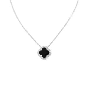 925 Silber Collier schwarzes Resin und Zirkonia 2140-686 – Rhodiniert, verstellbar 42–45 cm und elegantes Kleeblatt-Design