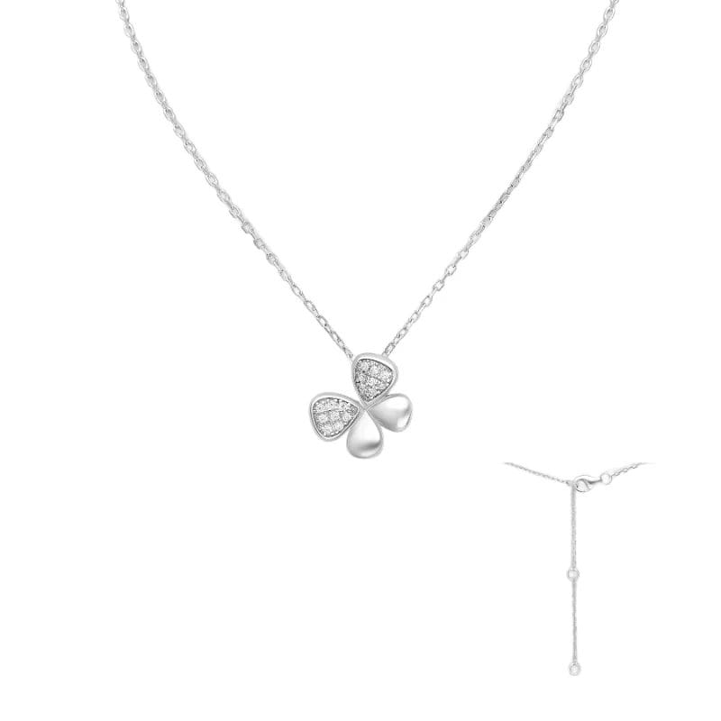 925 Silber Collier 701-30006 – Rhodiniert, Kleeblatt mit Zirkonia und mattierter Oberfläche