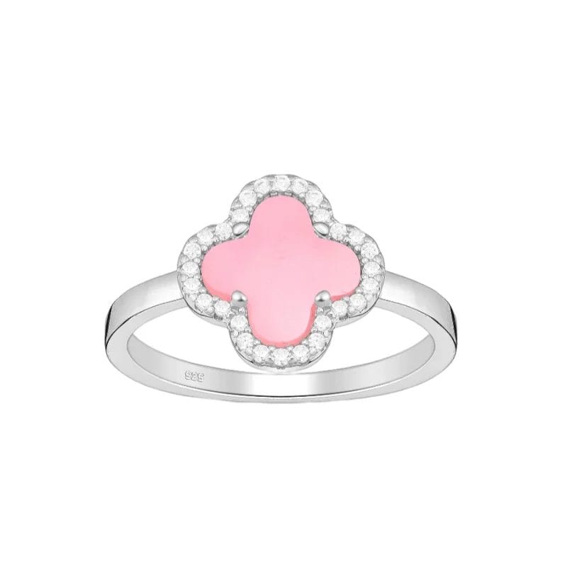 925 Silber Damenring Kleeblatt 2140-668 – Größe 54, rhodiniert, mit pinker Resin-Einlage & Zirkonia