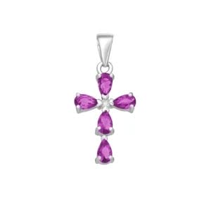 925 Silber Kreuz Zirkonia 701-185L – Höhe 19 mm, Breite 13 mm, pink-violette Tropfen-Zirkonia, rhodiniert