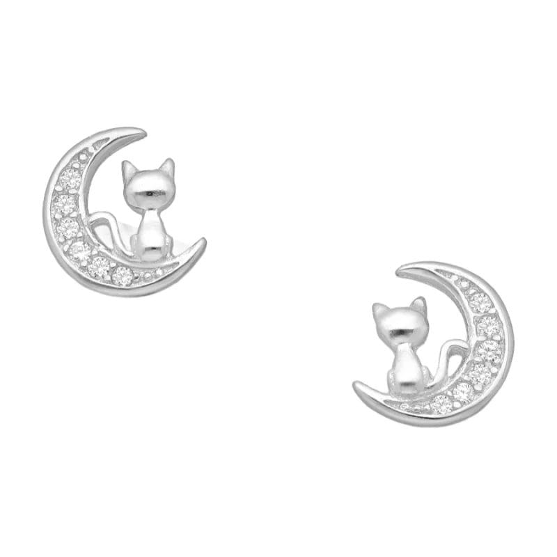 silber-ohrstecker-701-24340 Kinder Ohrstecker aus Silber mit Katze & Mond – Funkelnder Zirkonia