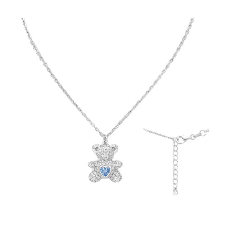 silber-teddybaer-701-29988 925 Silber Collier 701-29988 – Rhodiniert, Teddybär-Anhänger mit blauem Herz-Zirkonia