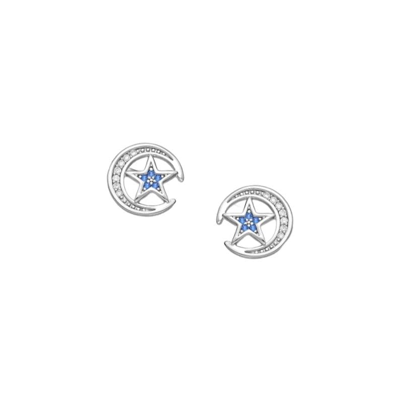 925 Silber Ohrstecker Mond & Stern Zirkonia 701-33623 – Rhodiniert, 10 mm, magisches Design mit blauen & weißen Zirkonia