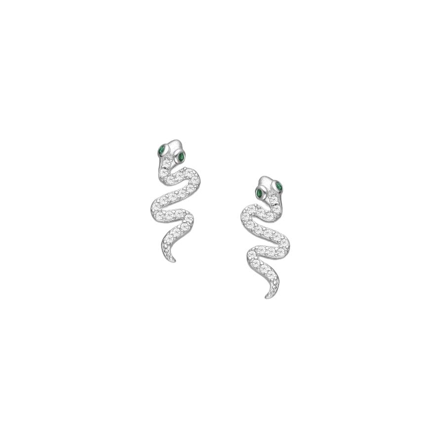 925 Silber Schlangen Ohrschmuck Zirkonia 701-33640 – Rhodiniert, 22 mm, extravagantes Design mit grünen Augen & Zirkonia